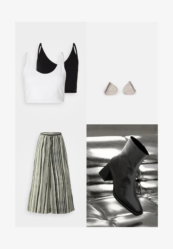 Dve bavlnené crop tops v bielej a čiernej farbe. Každý má hlboký výstrih a tenké ramienka, s hladkou, jemnou textúrou.; Široké nohavice v krémovej farbe s vertikálnymi čiernymi pruhmi. Majú elastický pás a jemnú textúru látky, čo vytvára hodvábny siluetu.; Čierne členkové topánky vyrobené z lesklého materiálu so štvorcovou špičkou a zúženým podpätkom, na lesklom striebornom podklade s vystuženým vzorom.; Strieborné kovové náušnice s hladkým tvarom kvapky a lesklým povrchom. Jemné rytiny pridávajú detail. Minimalistický dizajn.