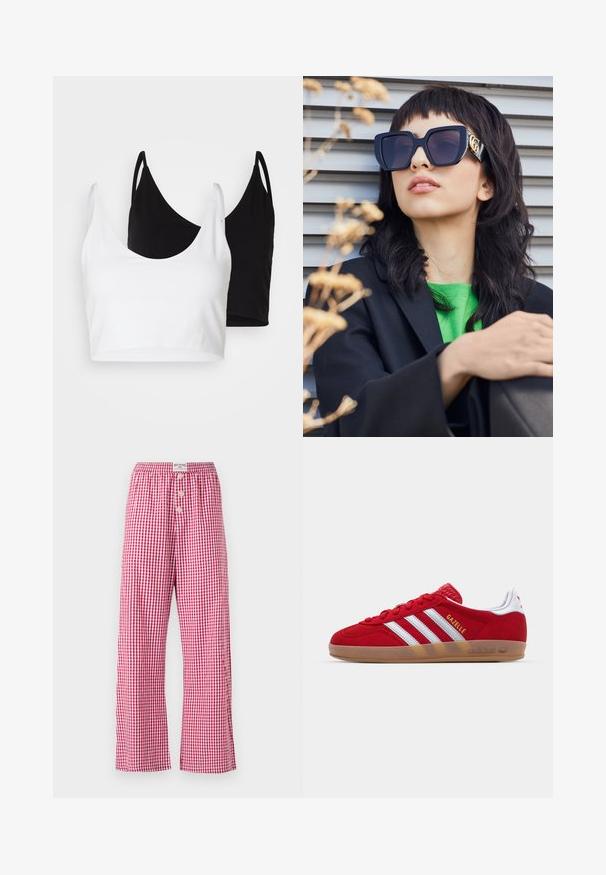 Δύο βαμβακερά τοπ σε λευκό και μαύρο χρώμα. Το καθένα διαθέτει βαθύ ντεκολτέ και λεπτές ραμμένες τιράντες, προσφέροντας μια ομαλή και απαλή υφή.; Πυτζάμες με καρό σχέδιο σε κόκκινο και άσπρο, με φαρδιές μάνες, ελαστική μέση και τρία κουμπιά. Κατασκευασμένες από ελαφρύ ύφασμα.; Κόκκινα σουέτ αθλητικά παπούτσια με λευκό σχέδιο τριών λωρίδων και χρυσό κείμενο "Gazelle". Διαθέτουν καουτσούκ σόλα από γόμα και υφή στην φτέρνα.; Μεγάλες μαύρες γυαλιά ηλίου με χοντρό σκελετό και χρυσή λεπτομέρεια, φορεμένες με μαύρη σακάκι και φωτεινό πράσινο πουκάμισο, απέναντι από οριζόντιο φόντο.