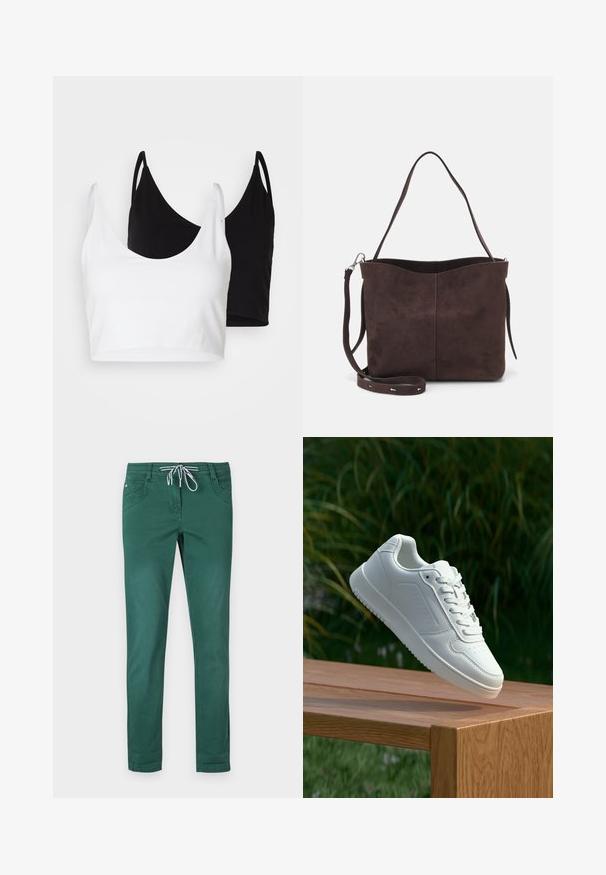 Dvě bavlněné crop topy v bílé a černé barvě. Každý má hluboký výstřih a tenké ramínka, s hladkou, měkkou texturou.; Zelené kalhoty z bavlněné směsi se střihém rovného nohavice, stahovací páskem a dvěma předními kapsami. Hladký povrch a bez vzorů.; Bílé tenisky s hladkým syntetickým svrškem, perforovanou špičkou, plochými tkaničkami a texturovanou podrážkou, vystavené na dřevěném povrchu.; Hnědá semišová taška přes rameno s jemnou texturou, vybavená jedním popruhem na rameno a decentním zakřiveným horním otvorem. Žádné viditelné detaily z hardware.