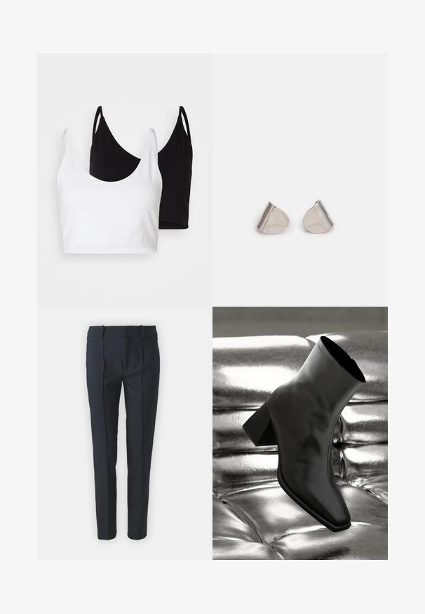 Két pamut crop top fehér és fekete színben. Mindkettő mély nyakkivágással és vékony vállpántokkal rendelkezik, sima, puha textúrával.; Sötétkék szabott nadrág sima textúrával, elülső redőkkel, övhurkokkal és egyenes lábdesignnal, könnyű anyagból készült.; Fekete bokacsizma fényes anyagból, négyzetes orral és szűkített sarkú, egy csillogó ezüst kárpitozott háttér előtt.; Ezüst fém fülbevalók sima, csepp alakú formával és fényes felülettel. Finom gravírozások teszik részletessé. Minimalista dizájn.