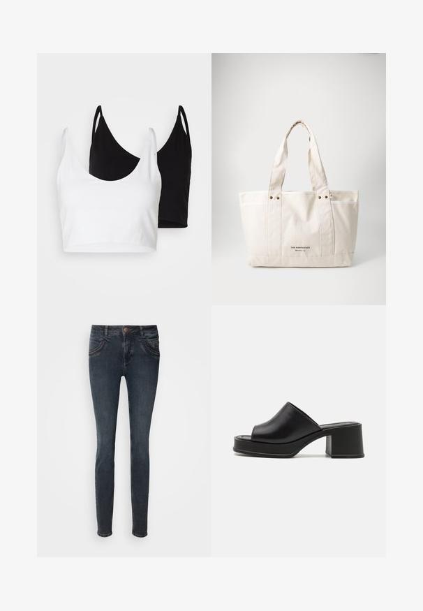 Dvě bavlněné crop topy v bílé a černé barvě. Každý má hluboký výstřih a tenké ramínka, s hladkou, měkkou texturou.; Tmavě modré úzké džíny s středně vysokým pasem, pěti kapsami, kontrastním prošíváním a zapínáním na knoflík. Hladká textura, slim fit design.; Černé kožené platformové muly s kulatou otevřenou špičkou, nízkým blokovým podpatkem a hladkým povrchem. Minimalistický design s elegantními liniemi.; Plátěná taška v světlé béžové barvě s dvěma pevnými uchy, kontrastním bílým lemem a logem "THE NORTH FACE" v černé barvě na přední straně.