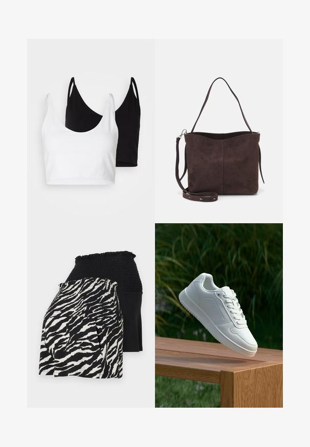 Two cotton crop tops in white and black. Each has a deep neckline and thin shoulder straps, featuring a smooth, soft texture.; Black and white layered shorts featuring a smocked waistband, one side with zebra pattern and the other in solid black fabric.; White sneaker with a smooth synthetic upper, perforated toe box, flat laces, and a textured sole, displayed on a wooden surface.; Brown suede tote bag with a soft texture, featuring a single shoulder strap and a subtle curved top opening. No visible hardware details.