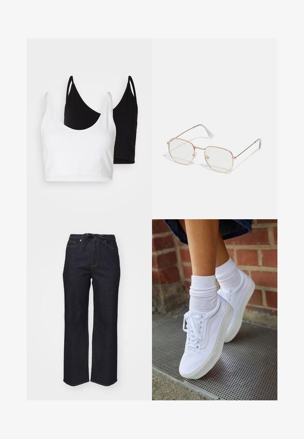 Two cotton crop tops in white and black. Each has a deep neckline and thin shoulder straps, featuring a smooth, soft texture.; Dark blue denim trousers with a high waist, wide leg, and a tie belt. Features standard stitching and a clean hem.; White canvas sneakers with rubber soles, featuring six eyelets, round toe, and light stitching details, paired with white ankle socks.; Rectangular eyeglasses with a thin, rose gold metal frame. Clear lenses, transparent temple tips, and delicate detailing around the lenses.
