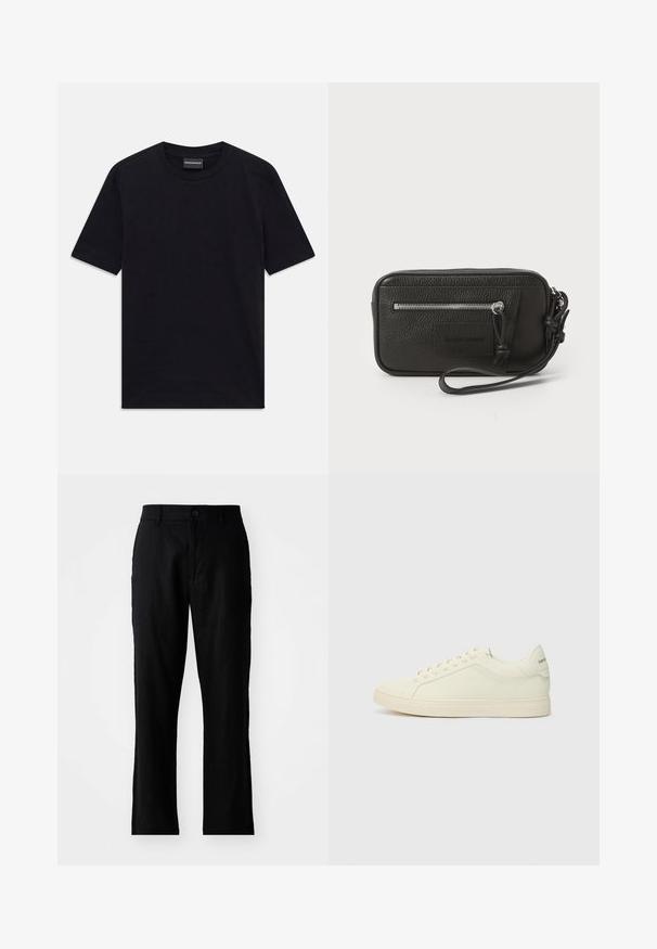 Black short-sleeve crew neck T-shirt with subtle embossed pattern and brand label inside collar, laid flat on white background.; Black linen trousers with a straight fit, featuring a button closure and no visible patterns, smooth texture, and standard pockets.; White leather sneakers with a minimalistic design, textured upper, and rounded toe. Features a rubber sole and discreet branding on the heel.; Black leather clutch with textured surface, front zip pocket, and detachable wrist strap. Features a logo patch on the front. Rectangular shape.