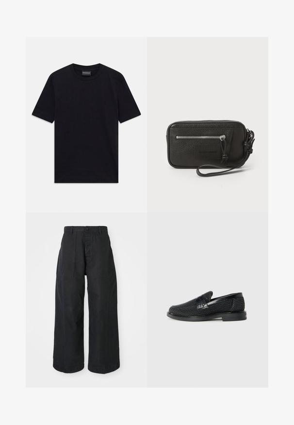 Schwarzes kurzärmeliges T-Shirt mit Rundhalsausschnitt und dezentem, geprägtem Muster sowie Markenlabel im Kragen, flach auf weißem Hintergrund ausgelegt.; Schwarze, weite Beinkleider aus Canvasmaterial mit Knopfverschluss, zwei vorderen Taschen und einem lockeren Schnitt.; Schwarzer geflochtener Slipper mit einem glatten Lederakzent im Obermaterial, einem runden Zehendesign und einer flachen Gummisohle.; Schwarze Leder-Clutch mit strukturiertem Oberflächen, Vorderseite mit Reißverschlusstasche und abnehmbarem Handgelenkriemen. Fällt durch ein Logo-Patch auf der Vorderseite auf. Rechteckige Form.