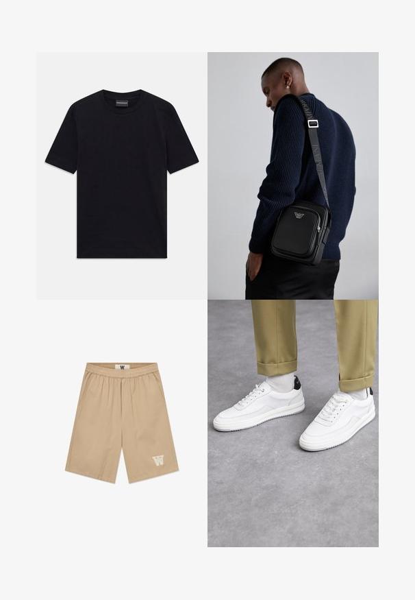 Schwarzes kurzärmeliges T-Shirt mit Rundhalsausschnitt und dezentem, geprägtem Muster sowie Markenlabel im Kragen, flach auf weißem Hintergrund ausgelegt.; Beige Shorts aus leichtem Material mit elastischem Bund, seitlichen Taschen und einem weißen Logoakzent am unteren linken Bein.; Weiße Sneakers mit einer strukturierten Lederoberfläche, abgerundeter Zehenpartie und schwarzem Fersenakzent. Gummisohle mit kleinem Profilmuster und genähten Details.; Schwarze Leder-crossbody-Tasche mit einem Reißverschlussfach, Logo-Detail und einem verstellbaren, gebrandeten Gurt. Getragen zu einem strukturierten marineblauen Pullover.