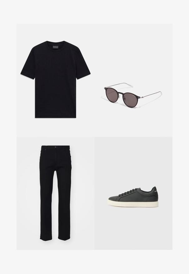 Melnā T-kreklā ar īsām piedurknēm, apaļo kakla izgriezumu, ar smalku reljefu rakstu un zīmola etiķeti iekšpusē kaklā, novietots uz baltas virsmas.; Melni denimi džinsi ar taisnas kājas dizainu, piecām kabatām, priekšējo pogu aizdari un smalkiem šuvju akcentiem. Gluda tekstūra.; Melna ādas kedas ar zemu profilu, noapaļotu purngalu un savelkamu aizdari; ar teksturētu gumijas zoli un logotipa detaļu uz papēža.; Melni apaļi saulesbrilles ar tumšiem lēca un plānām metāla stangām. Iekļautas caurspīdīgas tempļu galviņas un sudraba akcenti pie eņģes. Minimalistisks dizains.