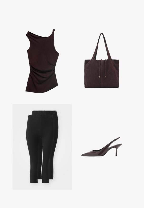 Asymetryczna brązowa bluzka z jednym ramieniem, marszczona tekstura po jednej stronie i gładkie wykończenie na całej powierzchni. Miękka, elastyczna tkanina.; Czarne legginsy z elastycznym pasem, o gładkiej fakturze, długości do połowy łydki, bez widocznych wzorów czy ozdób.; Czółenka na obcasie w kolorze ciemnobrązowym z lakierowanej skóry, z wąskim wysokim obcasem i regulowanym paskiem na kostce z klamrą.; Mango - Torba na zakupy