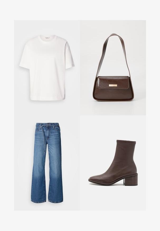 T-shirt en coton blanc avec des manches courtes, un col rond, une coupe décontractée et une texture lisse ; sans motifs ni éléments matériels visibles.; Jean large bleu clair en denim. Présente une taille haute, des coutures visibles et une ceinture à nouer. Texture décolorée vers le bas.; Loeffler Randall ROXY STRETCH - Bottines - espresso; Sac à épaule en cuir marron avec une forme structurée, doté d'une fermeture à rabat magnétique et d'un accent de logo métallique à l'avant.