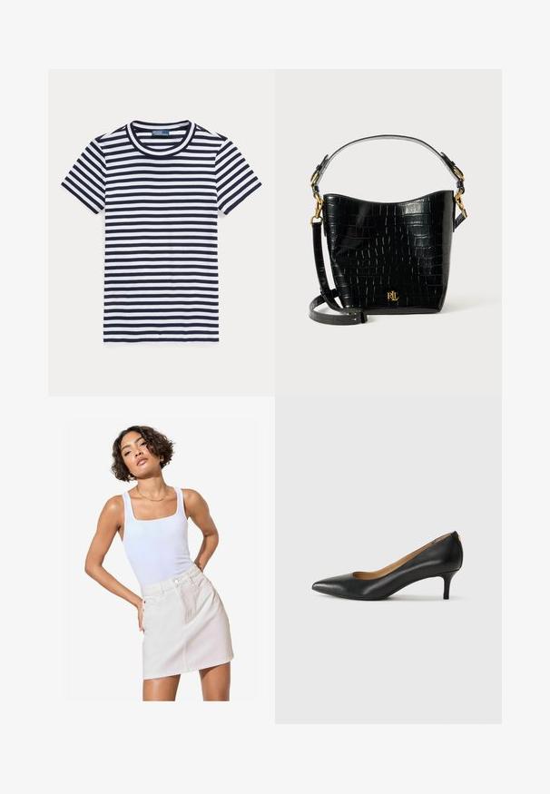 Gestreepte t-shirt in marineblauw en wit, korte mouwen, ronde halslijn, van katoen, met gelijkmatig verdeelde horizontale strepen.; Witte tanktop met vierkante halslijn, gecombineerd met een lichtbeige denim mini-jurk, voorzien van voorzakken en subtiele stiksels.; Zwarte leren pump met een puntige teen, lage hak en een gladde textuur. Heeft een lichte opening aan de voorkant en minimale hardware aan de achterkant.; Zwarte croco-embossed leren tas met een gebogen ontwerp, gouden hardware-accenten, een verstelbare schouderriem en een logo-detail aan de voorkant.