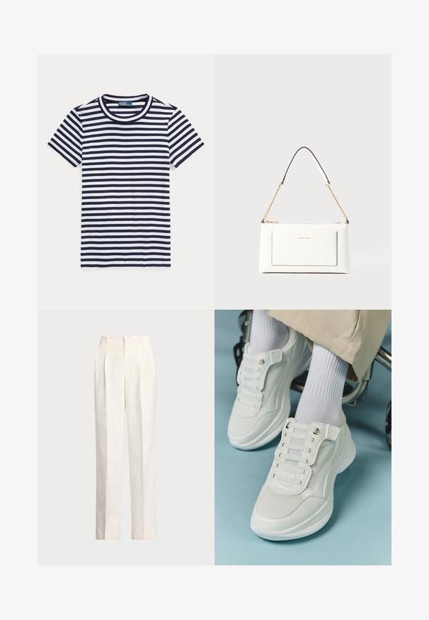 T-shirt a righe in blu navy e bianco, maniche corte, scollatura rotonda, materiale in cotone, presenta righe orizzontali uniformemente distanziate.; Polo Ralph Lauren HEMP WIDE LEG PANT - Pantaloni - nevis; Sneaker bianchi realizzati in materiale a rete, suola in gomma, design senza lacci con bande elastiche e dettagli in tonalità oro.; Borsa a tracolla bianca in pelle con un finish testurizzato, dotata di una tracolla in catena dorata e accenti neri. Include una tasca frontale e una chiusura con zip.