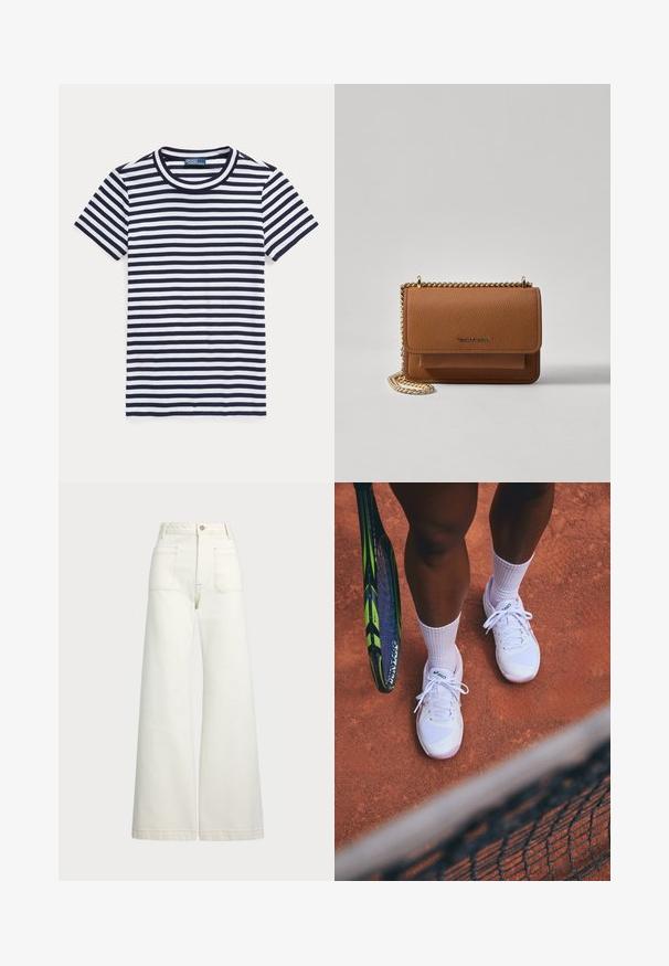 Raidallinen t-paita tummansinisenä ja valkoisena, lyhyet hihat, pyöreä kaula-aukko, puuvillamateriaali, jossa on tasaisesti jakautuneet vaakasuorat raidat.; Reisitaskuhousut vaaleanvalkoisesta denimestä. Korkea vyötärö, napitus, kaksi etutaskua ja kontrastiväriset ompeleet.; Valkoiset tennarit, joissa on verkkomaiset paneelit ja vaaleanpunaiset yksityiskohdat, yhdistettyinä valkoisiin sukkiin, asetettu savikentälle tennismailan vierelle.; Ruskean teksturoidun nahkasta valmistettu crossbody-laukku, jossa on kultaketjuhihna ja läppäkiinnitys. Edessä on logodetail ja tasku läppäisen alla.