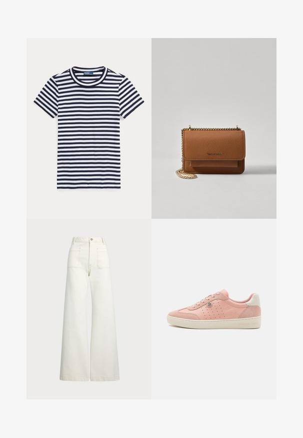 Striped t-shirt in navy blue and white, short sleeves, round neckline, cotton material, features evenly spaced horizontal stripes.; Wide-leg jeans in off-white denim. High-waisted design with a button closure, two front pockets, and contrast stitching details.; Pink suede sneaker with a smooth finish, perforated accents, cream-colored sole, and a small logo detail. Traditional lace-up design.; Brown textured leather crossbody bag with gold chain strap and flap closure. Front features logo detail and a pocket under the flap.