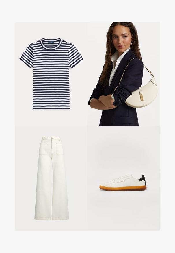 Triibuline T-särk tumesinises ja valges, lühikeste varrukatega, ümmarguse kaelusega, puuvillane materjal, millel on ühtlaselt jaotatud horisontaalsed triibud.; Laiad teksad heledast denimist. Kõrge vöökoht, nööbivöö, kaks esikotitäit ja kontrastsed õmblused.; Valge toss, millel on sile nahk pealispind, must kontsakontrast ja oranž kummitald; varustatud paeltega ja minimaalse disainiga joontega.; Valge nahast käekott kumerate kujunditega, kuldsete detailide ja tekstuuriga viimistlusega, kanda tumesinise bleiseri ja valge särgiga.