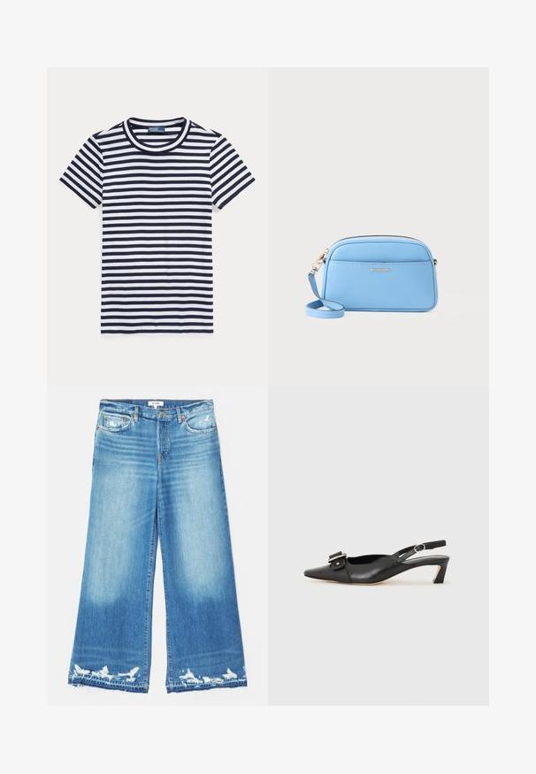 Pruhované tričko v námořnické modré a bílé, krátké rukávy, kulatý výstřih, bavlněný materiál, s pravidelně rozloženými vodorovnými pruhy.; RE/DONE PALAZZO - Wide leg - minerva; Černé kožené sandály s úzkou špičkou, malým podpatkem a dekorativní sponou na nártu. Hladký povrch, minimalistický design.; Svetle modrá kožená crossbody taška se zlatými kovovými doplňky, zipovým uzávěrem a přední kapsou. Obsahuje nastavitelné ramenní popruh pro pohodlí.