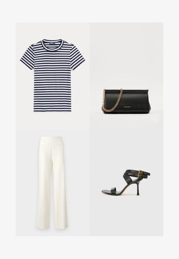 Gestreiftes T-Shirt in Marineblau und Weiß, kurze Ärmel, runde Ausschnitt, aus Baumwollmaterial, mit gleichmäßig verteilten horizontalen Streifen.; Weite Hosen in Elfenbein aus strukturiertem Stoff, mit dezenten vertikalen Nadelstreifen und zwei Gesäßtaschen.; Schwarze Absatzsandale mit gekreuzten Riemen und verstellbarem Schnallenverschluss. Sie verfügt über eine glatte Textur und einen schmalen Stiletto-Absatz.; Schwarze Leder-Clutch mit einer goldenen Ketten-Trage, die eine glatte Oberfläche, rechteckige Form und geprägtes Branding auf der Vorderseite aufweist.