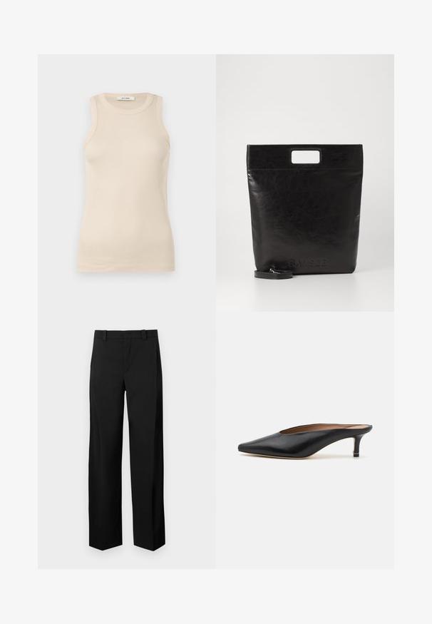 Tanktop in lichtbeige, ribbelstof, mouwloos ontwerp met een ronde halslijn, met subtiele stikseldetails en een rechte zoom.; Zwarte, wijdvallende broeken van een gladde, geweven stof. Bevat een platte voorkant, riemlussen en zijzakken voor een gekleed uiterlijk.; Zwarte leren muiltjes met een puntige neus en een lage, blokhak. Glad oppervlak met een gestroomlijnd ontwerp. Open achterkant met minimale details.; Zwarte leren draagtas met een vierkant handvat, met een gestructureerde afwerking en een reliëflogo. Inclusief een afneembare schouderband.