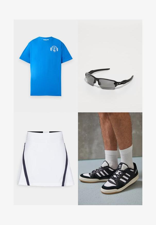 Blue cotton t-shirt with short sleeves. Features a white graphic design on the front, displaying a character with headphones and an arch.; White skirt with a flared design, featuring navy side stripes. Made of cotton, it has a textured finish and a back zipper closure.; Black and white sneakers with a suede and leather upper, featuring three white stripes, a perforated toe, and a gum rubber sole.; Black sports sunglasses with gray lenses, a curved frame design, and logo detail on the side. Made from lightweight plastic material.