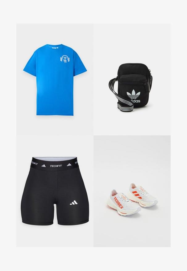 Blauwe katoenen t-shirt met korte mouwen. Heeft een witte grafische afbeelding op de voorkant, met een personage met een hoofdtelefoon en een boog.; Zwarte shorts van rekbaar materiaal met een getailleerd ontwerp. Beschikt over een brede zwarte tailleband met het label "TECHFIT" en een wit logo op het been.; Witte hardloopschoenen met oranje accenten. Mesh materiaal, ronde neus en dikke tussenzool. "TERREX" gedrukt aan de zijkant en drie strepen op de hiel.; Zwarte stoffen schoudertas met een ritssluiting, voorzien van een wit Adidas-logo en een gestreepte, verstelbare schouderband voor gemakkelijk dragen.