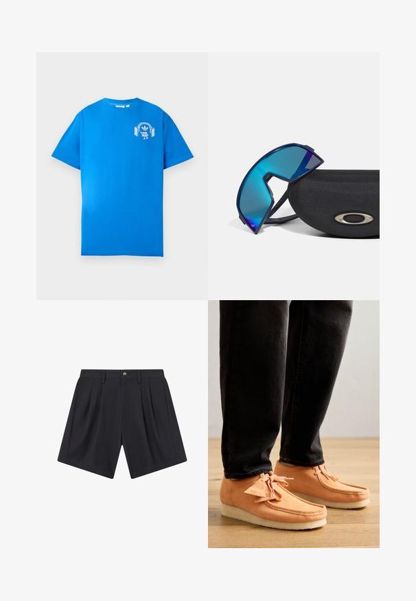 T-shirt in cotone blu con maniche corte. Presenta una grafica bianca sulla parte anteriore, che mostra un personaggio con cuffie e un arco.; Pantaloni corti navy in tessuto leggero, caratterizzati da pieghe, chiusura con bottone e tasche laterali. Taglio dritto con una texture liscia.; Mocassini in suede color crema con suola in crepe bianca, caratterizzati da dettagli cuciti e rifiniture a fiocco, abbinati a jeans scuri.; Occhiali da sole avvolgenti di colore blu con un design sportivo, appoggiati su una custodia nera texturizzata con un accento di logo metallico.