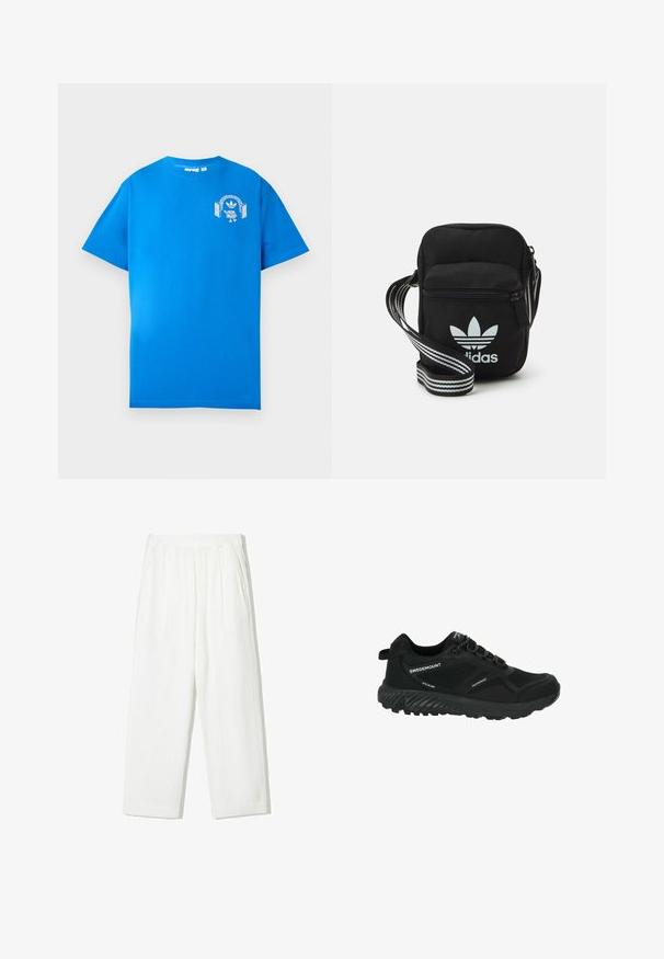 Blå bomullströja med korta ärmar. Har en vit grafisk design på framsidan, som visar en karaktär med hörlurar och en båge.; Vita, vida byxor i bred modell gjorda av textilmaterial. Har en elastisk midja och två sidofickor. Avslappnad, lös passform.; Svart vattentäta vandringsskor med en texturerad sula, ovandel i mesh och syntetmaterial samt reflexdetaljer. Utrustad med dragflik och snörningsdesign.; Svart tygaxelväska med dragkedjestängning, prydd med en vit Adidas-logga och ett randigt justerbart band för enkel bärning.