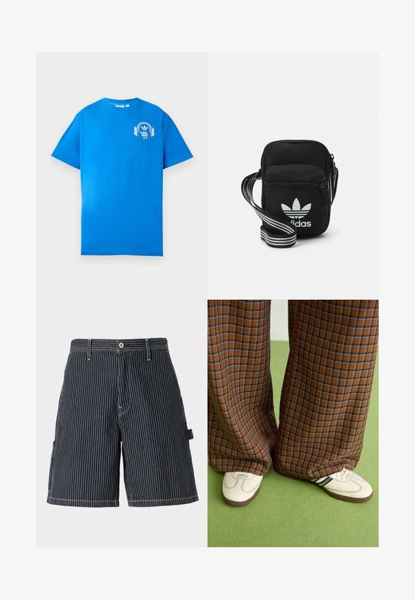 Modré bavlněné tričko s krátkým rukávem. Na přední straně je bílé grafické provedení s postavou s sluchátky a obloukem.; Námořnické pruhované šortky vyrobené z bavlny s uvolněným střihem, s bočními kapsami, poutky na opasek a kontrastním bílým stehem.; Hnědo-modré kostkované široké kalhoty doplněné bílými botami s černými akcenty a texturovanou podrážkou, umístěné na zeleném pozadí.; Černá crossbody taška z látky se zipovým uzávěrem, obsahující bílé logo Adidas a pruhovaný nastavitelný popruh pro snadné nošení.
