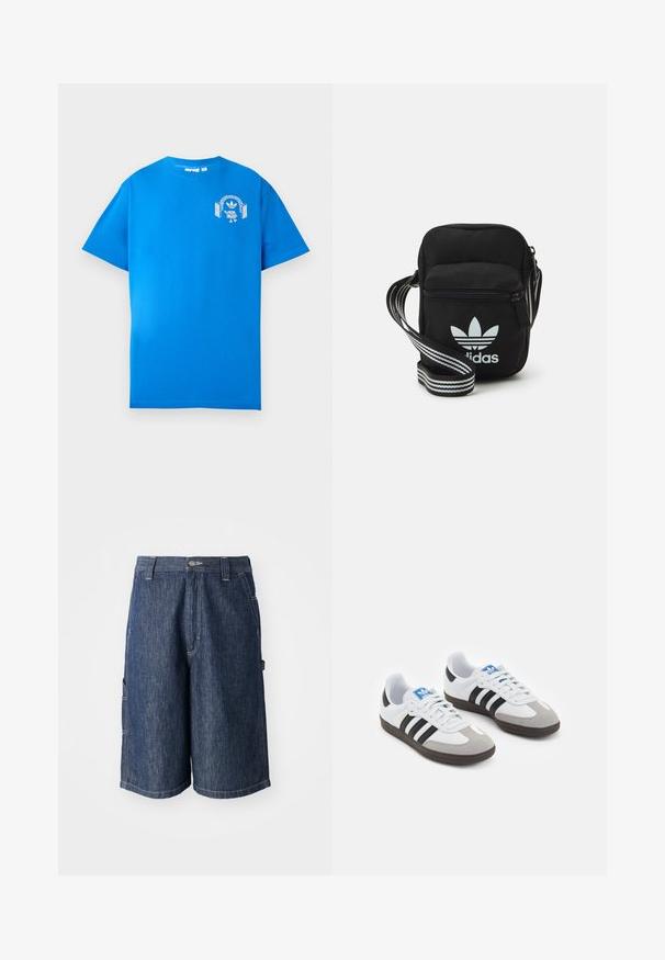 Modra bombažna majica s kratkimi rokavi. Ima bel grafični dizajn na sprednji strani, ki prikazuje lik s slušalkami in lokom.; Temno modri jeans kratke hlače s ravnim krojem, pet žepov in vidno šivanje. Imajo zaklepanje na gumb in zanke za pas.; Športni čevlji z belim usnjenim zgornjim delom, sivim semišem na prstih in tremi črnimi črtami. Imajo modro logo na jeziku in teksturiran gumijast podplat.; Črna tkaninska torbica čez ramo z zadrgo, ki vsebuje belo Adidasovo logo in pridelano naramnico z več črtami za enostavno nošenje.