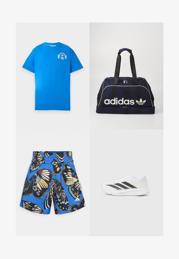 Sinine puuvillane T-särk lühikeste varrukatega. Ees on valge graafiline kujundus, mis kujutab tegelast, kellel on kõrvaklapid ja kaar.; Sinised lühikesed püksid, millel on musta, kollase ja punase liblikakujutise trükk. Elastne vöökoht ja küljetaskud, valmistatud kerge kangaga.; Valged sportlikud jalanõud mustade diagonaalsete triipudega, võrkkattega, ümarate varvastega ja tekstuurse tallaga. Aktsentideks on hõbedane kand ja minimalistlik disain.; Tumesinine duffel kott valge Adidas logo'ga, millel on lukuga ülemine osa, kaks vastupidavat musta käepidet ja külgmised võrkpocketid. Sile kangatekstuur.