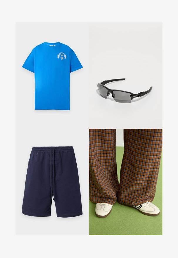Blue cotton t-shirt with short sleeves. Features a white graphic design on the front, displaying a character with headphones and an arch.; Navy blue shorts made of cotton, featuring an elastic waistband with drawstring, side pockets, and a straight leg design. No patterns.; Brown and blue plaid wide-leg trousers paired with white shoes featuring black accents and textured soles, set against a green background.; Black sports sunglasses with gray lenses, a curved frame design, and logo detail on the side. Made from lightweight plastic material.