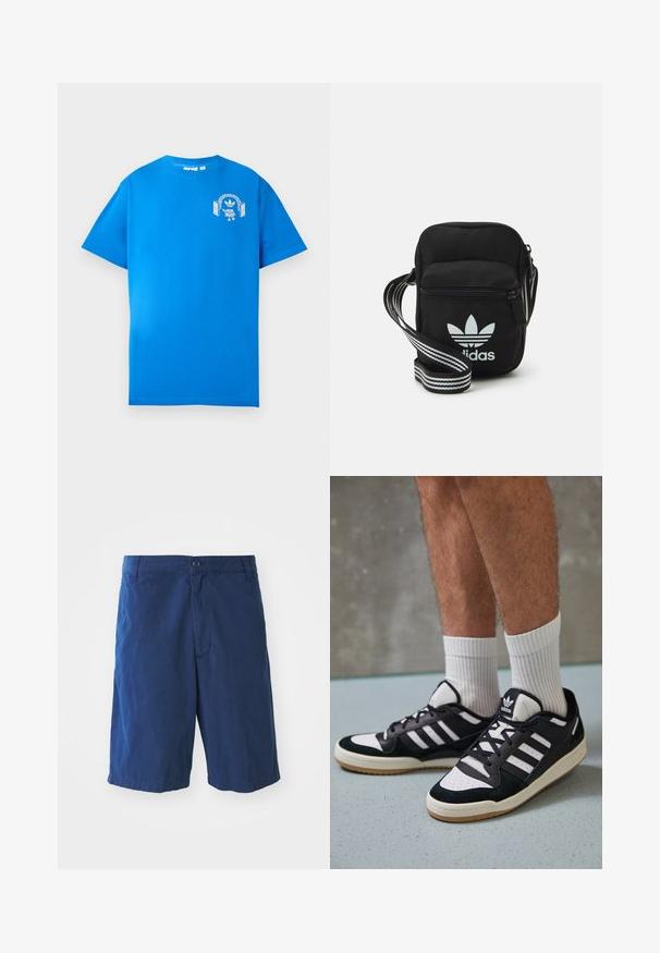 Blå bomull T-skjorte med korte ermer. Har et hvitt grafisk design på forsiden, som viser en karakter med hodetelefoner og en bue.; Mørkeblå bomullsshorts med frontknapplukking, sidelommer og rett snitt, med en glatt tekstur og uten synlige mønstre.; Sorte og hvite sneakers med overdel i semsket skinn og lær, med tre hvite striper, perforert tå og en såle av gummi.; Svart stoff crossbody veske med glidelås, med en hvit Adidas-logo og enstripet justerbar stropp for enkel bæring.