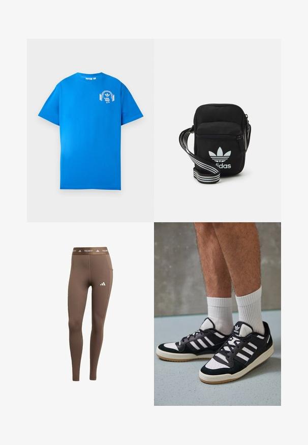 Tricou din bumbac albastru cu mâneci scurte. Prezintă un design grafic alb pe față, care afișează un personaj cu căști și un arc.; Leggings atletice maro, realizate dintr-un material elastic. Prezintă un logo alb pe piciorul stâng și o talie cu marcă. Textură netedă și croială slim.; Adidași negri și albi cu un superior din suede și piele, prevăzuți cu trei dungi albe, un vârf perforat și o talpă din cauciuc caramel.; Geantă de umăr din material textil negru, cu închidere cu fermoar, având un logo Adidas alb și o curea ajustabilă cu dungi pentru o transportare ușoară.