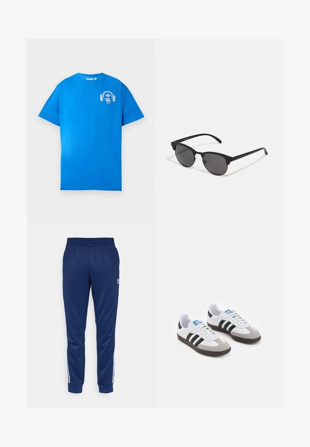 Kék pamut póló rövid ujjakkal. Elöl fehér grafikával díszített, amelyen egy fejhallgatós karakter és egy ív látható.; Tengerészi edzőnadrág elasztikus derékrésszel, fehér oldalsávokkal és egy kis fehér logóval. Puha anyag, fokozatosan szűkülő fazon.; Fehér bőr felsőrészes sportcipő, szürke velúrból készült orral és három fekete csíkkal. Jellemzője a kék logó a nyelvén és egy texturált gumitalp.; Fekete napszemüveg kerek lencsékkel, matt felülettel és jellegzetes macska szem formával. Vékony szárak, a bal oldali templomon diszkrét márkajelzéssel.