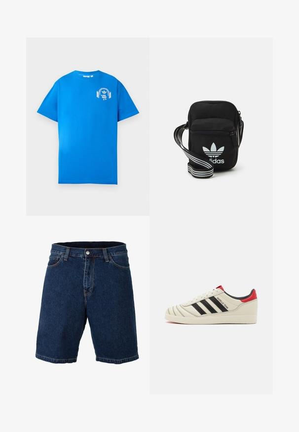 Sinine puuvillane T-särk lühikeste varrukatega. Ees on valge graafiline kujundus, mis kujutab tegelast, kellel on kõrvaklapid ja kaar.; Tumed sinised teksajortsid sirge lõike, tavalise vöökoha ja metallnupuga kinnituse; eristub kontrastsetest kollastest õmblustest ja äärtest.; Kreemist nahast tossud mustade triipudega, punaste kannakate aktsentidega ja tekstuursete detailidega. Omab kummist tallat ja seotud sulgemist.; Mustmust värvi risti koti, millel on tõmblukuga sulgemine, valge Adidas'i logo ja triibuline reguleeritav rihm mugavaks kandmiseks.