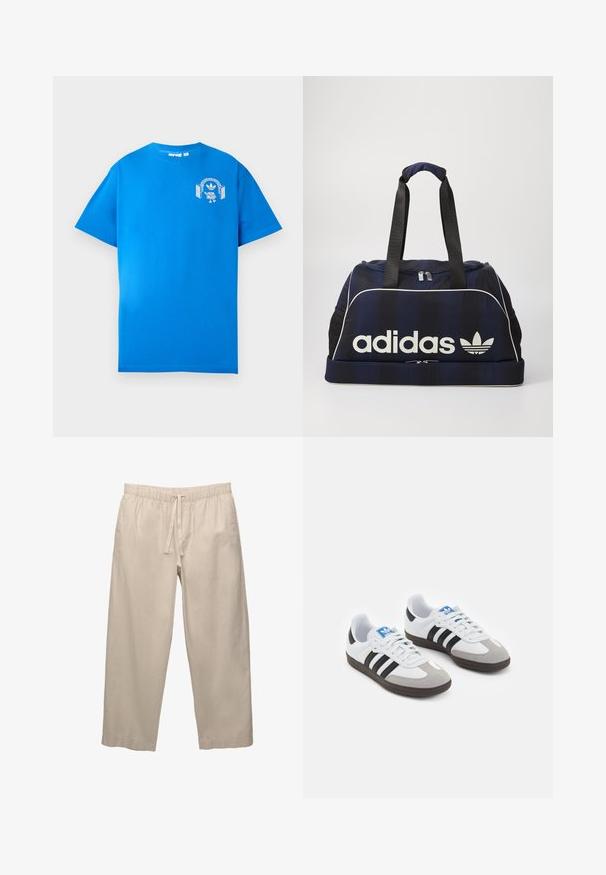 T-shirt en coton bleu à manches courtes. Présente un design graphique blanc sur le devant, affichant un personnage avec des écouteurs et un arc.; Pantalon en coton beige léger avec une taille élastique et un cordon de serrage. Design à jambes larges et ourlets roulés. Texture lisse, détails minimaux.; Baskets avec une tige en cuir blanc, un bout en daim gris et trois bandes noires. Présente un logo bleu sur la languette et une semelle en caoutchouc texturée.; Sac de sport bleu marine avec logo Adidas blanc, doté d'un zip sur le dessus, de deux poignées noires robustes et de poches latérales en maille. Texture de tissu lisse.