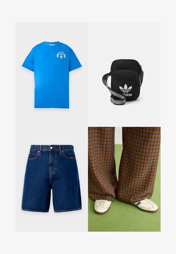 Zila kokvilnas T-krekls ar īsām piedurknēm. Priekšpusē ir balts grafiskais dizains, kurā attēlots varonis ar austiņām un arku.; Tumši zili džinsi šorti ar vidēju jostasvietu, piecām kabatām, vara aparatūru un kontrastējošiem oranžiem izšuvuma akcentiem.; Brūni un zili rūtaini platās kājas bikses, kas savienotas ar baltām kurpēm ar melniem akcentiem un teksturētām zolēm, uz zaļa fona.; Melna auduma crossbody soma ar rāvējslēdzēja aizdari, kurai ir balts Adidas logo un svītrainas regulējamas siksnas ērtiem pārvietošanās veidiem.