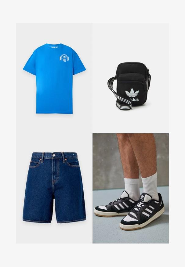 Blue cotton t-shirt with short sleeves. Features a white graphic design on the front, displaying a character with headphones and an arch.; Dark blue denim shorts with a mid-rise waist, five pockets, copper hardware, and contrasting orange stitching details.; Black and white sneakers with a suede and leather upper, featuring three white stripes, a perforated toe, and a gum rubber sole.; Black fabric crossbody bag with a zipper closure, featuring a white Adidas logo and a striped adjustable strap for easy carrying.