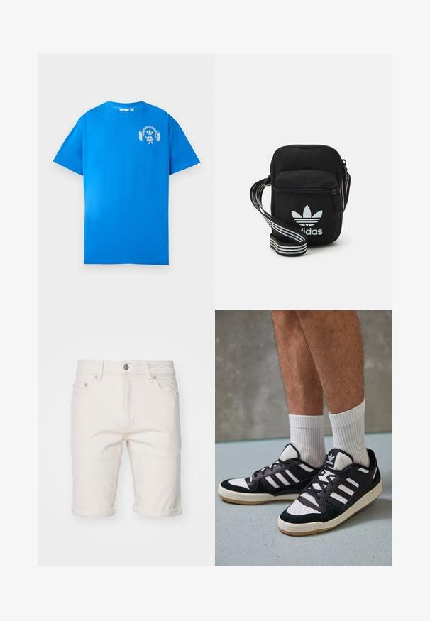 Blauwe katoenen t-shirt met korte mouwen. Heeft een witte grafische afbeelding op de voorkant, met een personage met een hoofdtelefoon en een boog.; Witte katoenen denim shorts met opgerolde zomen, voorzien van vijf zakken, een knoopsluiting en subtiele textuur.; Zwart-witte sneakers met een bovenwerk van suede en leer, voorzien van drie witte strepen, een geperforeerde neus en een rubberen gumzool.; Zwarte stoffen schoudertas met een ritssluiting, voorzien van een wit Adidas-logo en een gestreepte, verstelbare schouderband voor gemakkelijk dragen.