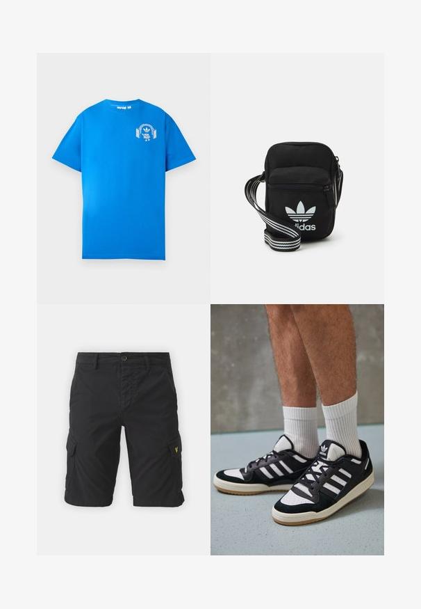 Zila kokvilnas T-krekls ar īsām piedurknēm. Priekšpusē ir balts grafiskais dizains, kurā attēlots varonis ar austiņām un arku.; Melni kravas šorti, izgatavoti no kokvilnas maisījuma, ar sānu kabatām, pogu aizdari un mazu dzeltenu logotipu uz kreisās kabatas.; Melnas un baltas kedas ar zamša un ādas augšdaļu, kas aprīkotas ar trim baltām svītrām, perforētu purngali un gumijas zolēm.; Melna auduma crossbody soma ar rāvējslēdzēja aizdari, kurai ir balts Adidas logo un svītrainas regulējamas siksnas ērtiem pārvietošanās veidiem.