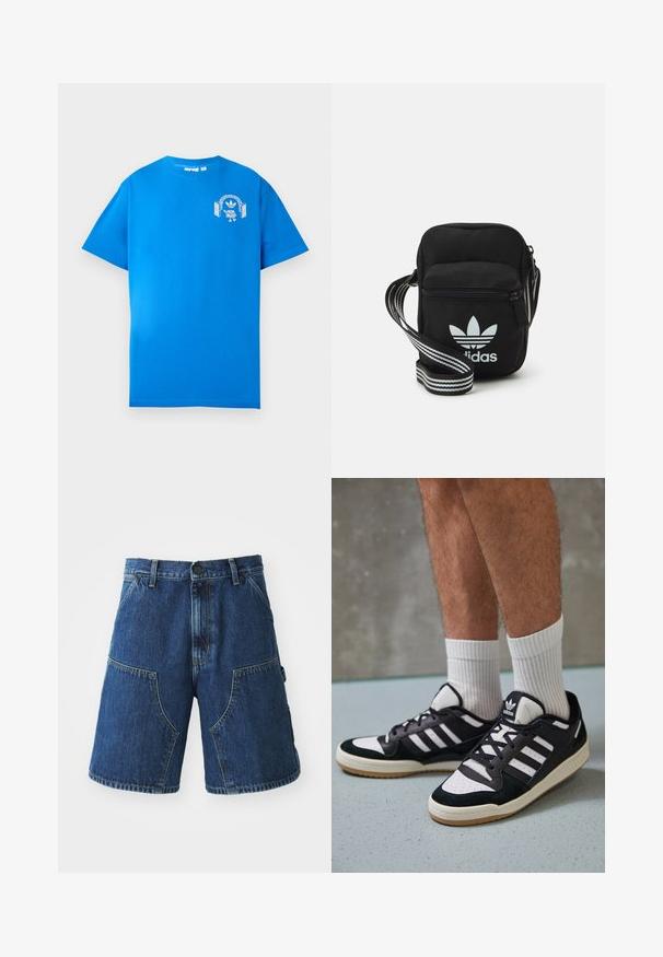 Blå bomull T-skjorte med korte ermer. Har et hvitt grafisk design på forsiden, som viser en karakter med hodetelefoner og en bue.; Jeansshorts med en mørkeblå vask, med store frontlommer, knappelukking og synlige sømmer langs sømmene.; Sorte og hvite sneakers med overdel i semsket skinn og lær, med tre hvite striper, perforert tå og en såle av gummi.; Svart stoff crossbody veske med glidelås, med en hvit Adidas-logo og enstripet justerbar stropp for enkel bæring.