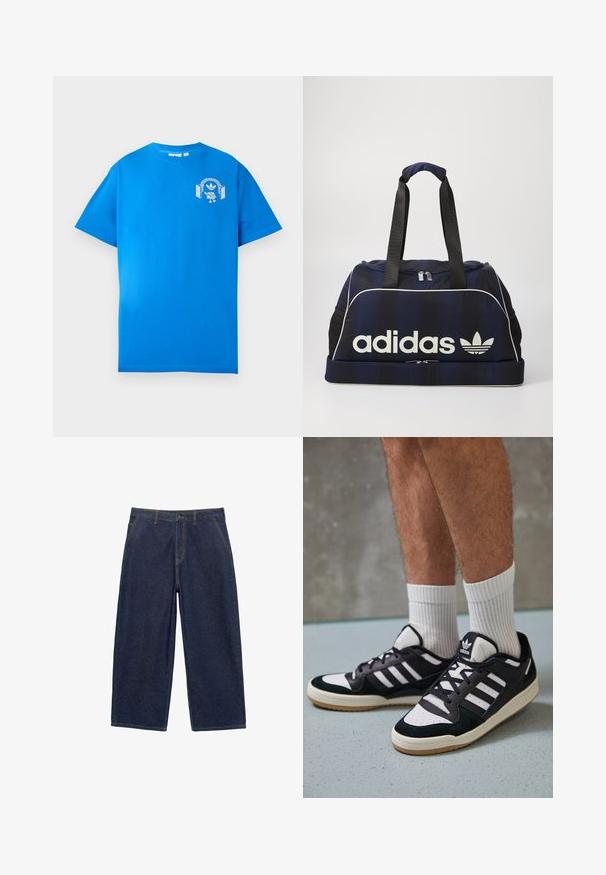 Blå bomullströja med korta ärmar. Har en vit grafisk design på framsidan, som visar en karaktär med hörlurar och en båge.; Breda ben mörkblå denimbyxor med en klassisk femficksdesign, med synliga sömmar och en knappstängning vid midjan.; Svartvita sneakers med ovandel i mocka och läder, med tre vita ränder, perforerad tå och sula av gummigummi.; Marinblå duffelväska med vit Adidas-logga, med dragkedja i toppen, två robusta svarta handtag och sidofickor i nät. Slät tygtextur.