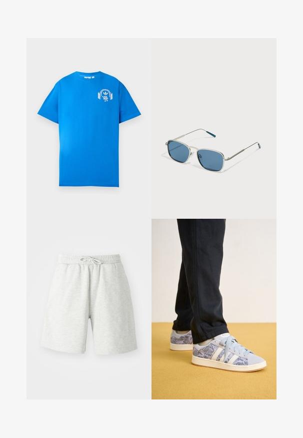 Camiseta de algodón azul con mangas cortas. Presenta un diseño gráfico blanco en la parte frontal, que muestra un personaje con auriculares y un arco.; Shorts de algodón gris claro con cintura elástica, detalle de cordón y bolsillos laterales. Textura suave, diseño a la altura de la rodilla.; Zapatillas de deporte azul claro con un patrón de piel de serpiente, con rayas y cordones blancos, sobre un suelo amarillo.; Gafas de sol con un marco de metal plateado, lentes rectangulares azules y varillas delgadas. Presentan acentos azules en las puntas de las patillas.