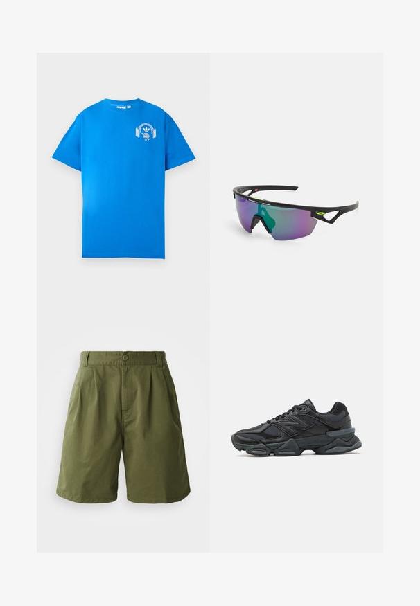 Sinine puuvillane T-särk lühikeste varrukatega. Ees on valge graafiline kujundus, mis kujutab tegelast, kellel on kõrvaklapid ja kaar.; Oliivirohelised lühikesed püksid kergest kangast, millel on volditud eesmine osa, nööbikinnitus ja küljetaskud, sirge lõikega disain.; Mustad mustus jooksukeng, mis sisaldab segu võrgust ja sünteetilisest materjalist, jäme talla, kaarduv disain ja silmapaistev bränding külgedel.; Spordiprillid musta raami, suur gradient objektiiv, mis sisaldab lillat ja rohelist tooni, ning nurkadega disainielemendid logode detailidega.