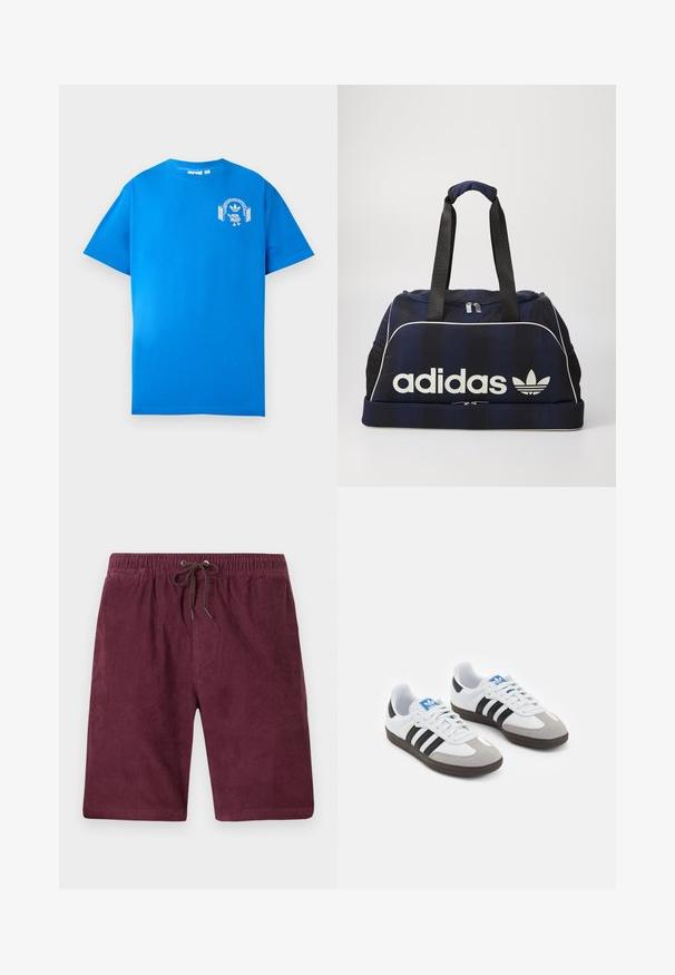 Sininen puuvillapaita lyhyillä hihoilla. Etupuolella on valkoinen graafinen kuvasto, jossa on hahmo, joka käyttää kuulokkeita ja kaarta.; Burgundin väriset corduroy-shortsit, joissa on joustava vyötärö ja nyöri. Ominaisuuksiin kuuluu pystysuuntainen uurrettu pinta ja normaali pituus.; Urheilukengät, joissa on valkoinen nahkainen päällinen, harmaa mokkanokka ja kolme mustaa raitaa. Ominaisuuksina sininen logo kielekkeessä ja kuvioitu kumipohja.; Laukkukassi, sininen duffel-pussi, jossa on valkoinen Adidas-logo, varustettu vetoketjulla, kahdella tukevalla mustalla kahvalla ja sivuilla olevilla verkko-taskuilla. Sujuva kankaan rakenne.
