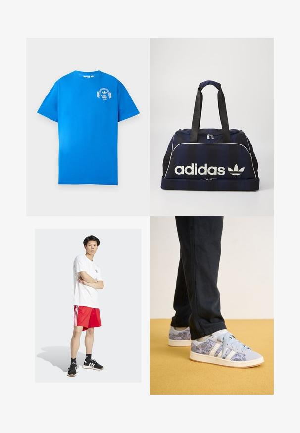 Modrá bavlnená tričko s krátkymi rukávmi. Obsahuje biely grafický dizajn na prednej strane, zobrazuje postavu s slúchadlami a oblúkom.; Biely bavlnený tričko, červené športové šortky s tromi bielymi pruhmi, čierne tenisky s bielymi akcentmi, stojí s prekrižitými rukami.; Svetlomodré tenisky s hadím vzorom, so švýkovými pruhmi a šnúrkami, položené na žltom podlahe.; Námorný športový vak s bielym logom Adidas, s uzatváraním na zips, dvoma pevným čiernymi uchami a bočnými sieťovanými vreckami. Hladký textúra látky.