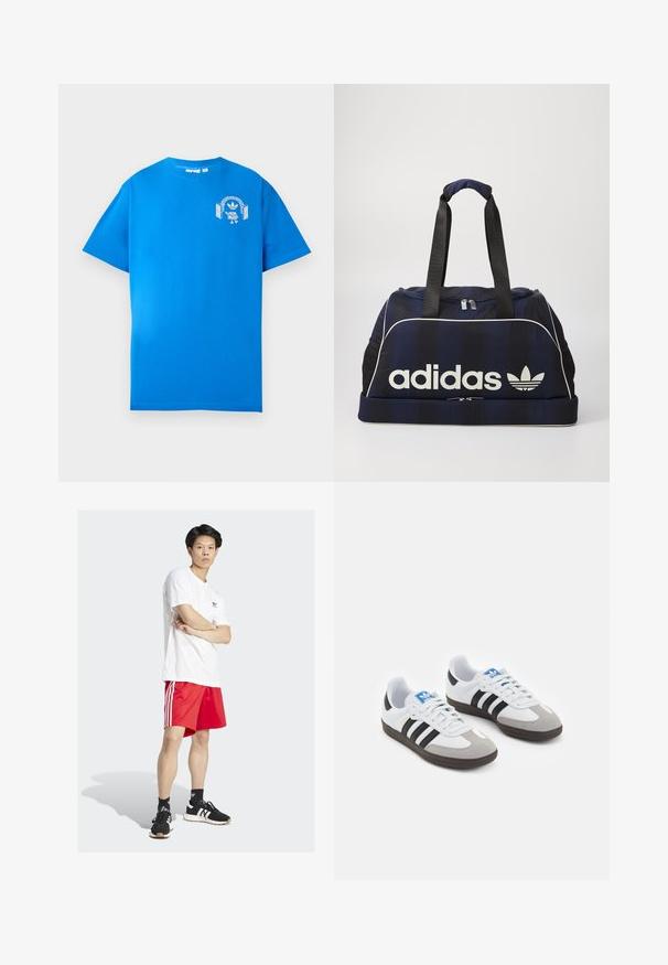 Mėlyna medvilninė marškinė su trumpomis rankovėmis. Priekyje yra balta grafikų dizaino detalė, vaizduojanti personažą su ausinėmis ir arka.; Baltos medvilnės marškinėliai, raudoni sportiniai šortai su trimis baltais dryžiais, juodi sportbačiai su baltais akcentais, stovintis su sukryžiuotomis rankomis.; Sportiniai batai su balta odine viršutine dalimi, pilku zomšiniu priekiu ir trimis juodomis juostelėmis. Ant liežuvio yra mėlynas logotipas, o padas pagamintas iš tekstūruoto gumos.; Navy spalvos sportinis krepšys su baltu Adidas logotipu, turintis užtrauktuką viršuje, du tvirtus juodus rankenėles ir šonines tinklines kišenes. Sklandus audinio tekstūros paviršius.