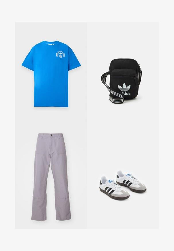 Modrá bavlnená tričko s krátkymi rukávmi. Obsahuje biely grafický dizajn na prednej strane, zobrazuje postavu s slúchadlami a oblúkom.; Svetlofialové nohavice so vzorom rovného strihu, vybavené dvoma prednými vreckami a dekoratívnym prešívaním. Vyrobené z odolnej bavlnenej tkaniny.; Športové topánky s bielym koženým zvrškom, šedou semišovou špičkou a tromi čiernymi pruhmi. Obsahujú modré logo na jazyku a štruktúrovanú gumovú podrážku.; Čierna textilná crossbody taška so zipsovým uzáverom, ktorá má biele logo Adidas a pruhovaný nastaviteľný popruh pre jednoduché nosenie.