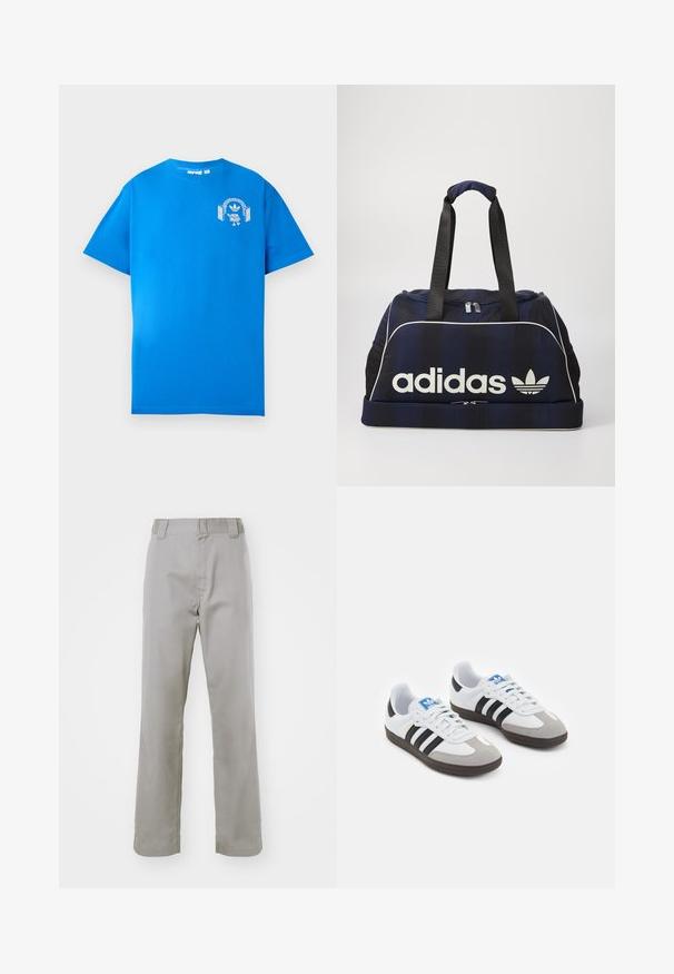 Sinine puuvillane T-särk lühikeste varrukatega. Ees on valge graafiline kujundus, mis kujutab tegelast, kellel on kõrvaklapid ja kaar.; Halli puuvillased püksid sirge jala disainiga, lameda eesaega, vöödetilodega ja sileda tekstuuriga.; Spordijalatsid valge nahkpealsega, halli nubuk-naha otsaga ja kolme musta triibuga. Omab sinist logo keele peal ja struktureeritud kummitalda.; Tumesinine duffel kott valge Adidas logo'ga, millel on lukuga ülemine osa, kaks vastupidavat musta käepidet ja külgmised võrkpocketid. Sile kangatekstuur.