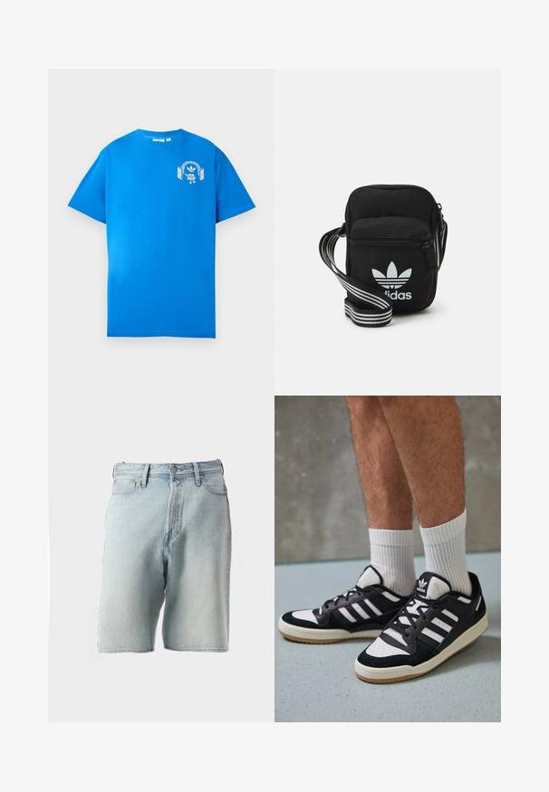 Sinine puuvillane T-särk lühikeste varrukatega. Ees on valge graafiline kujundus, mis kujutab tegelast, kellel on kõrvaklapid ja kaar.; Heledad sinine denim lühikesed püksid kõrge vöökohaga, viis taskut ja nupukinniti. Kanga pinnal on veidi kulunud tekstuur ja pleekinud välimus.; Mustvalged ja valged spordijalatsid, mille pealmine osa on valmistatud suede'ist ja nahast. Kingadel on kolm valget riba, auguline varvas ja kummist tald.; Mustmust värvi risti koti, millel on tõmblukuga sulgemine, valge Adidas'i logo ja triibuline reguleeritav rihm mugavaks kandmiseks.