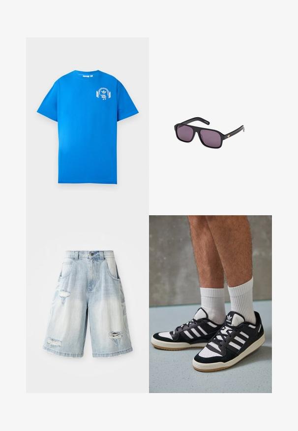 Blå bomullströja med korta ärmar. Har en vit grafisk design på framsidan, som visar en karaktär med hörlurar och en båge.; Jeansshorts i ljusblått, med slitna detaljer och hål. Löst sittande med normal midja och framfickor.; Svartvita sneakers med ovandel i mocka och läder, med tre vita ränder, perforerad tå och sula av gummigummi.; Svarta solglasögon med en fyrkantig ram, mörka linser och en guldlogotyp på bygeln. Slät plastmaterial med matta ytor.