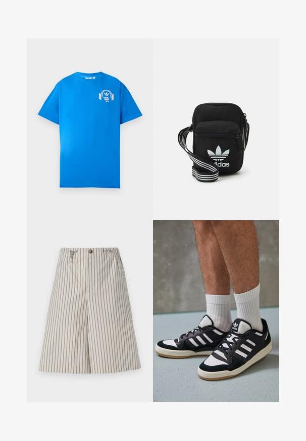 Mėlyna medvilninė marškinė su trumpomis rankovėmis. Priekyje yra balta grafikų dizaino detalė, vaizduojanti personažą su ausinėmis ir arka.; Smėlio spalvos juostuoti šortai, su laisvu įsilaisvinimu, pagaminti iš lengvos medžiagos. Yra sagų uždarymas ir dvi šoninės kišenės.; Juodos ir baltos sportinės bateliai su zomšiniu ir odiniu viršumi, su trimis baltomis juostelėmis, perforuota koja ir guminėmis padais.; Juodas audinio per petį nešiojamas krepšys su užtrauktuku, turintis baltą Adidas logotipą ir dryžuotą reguliuojamą diržą patogiam nešiojimui.